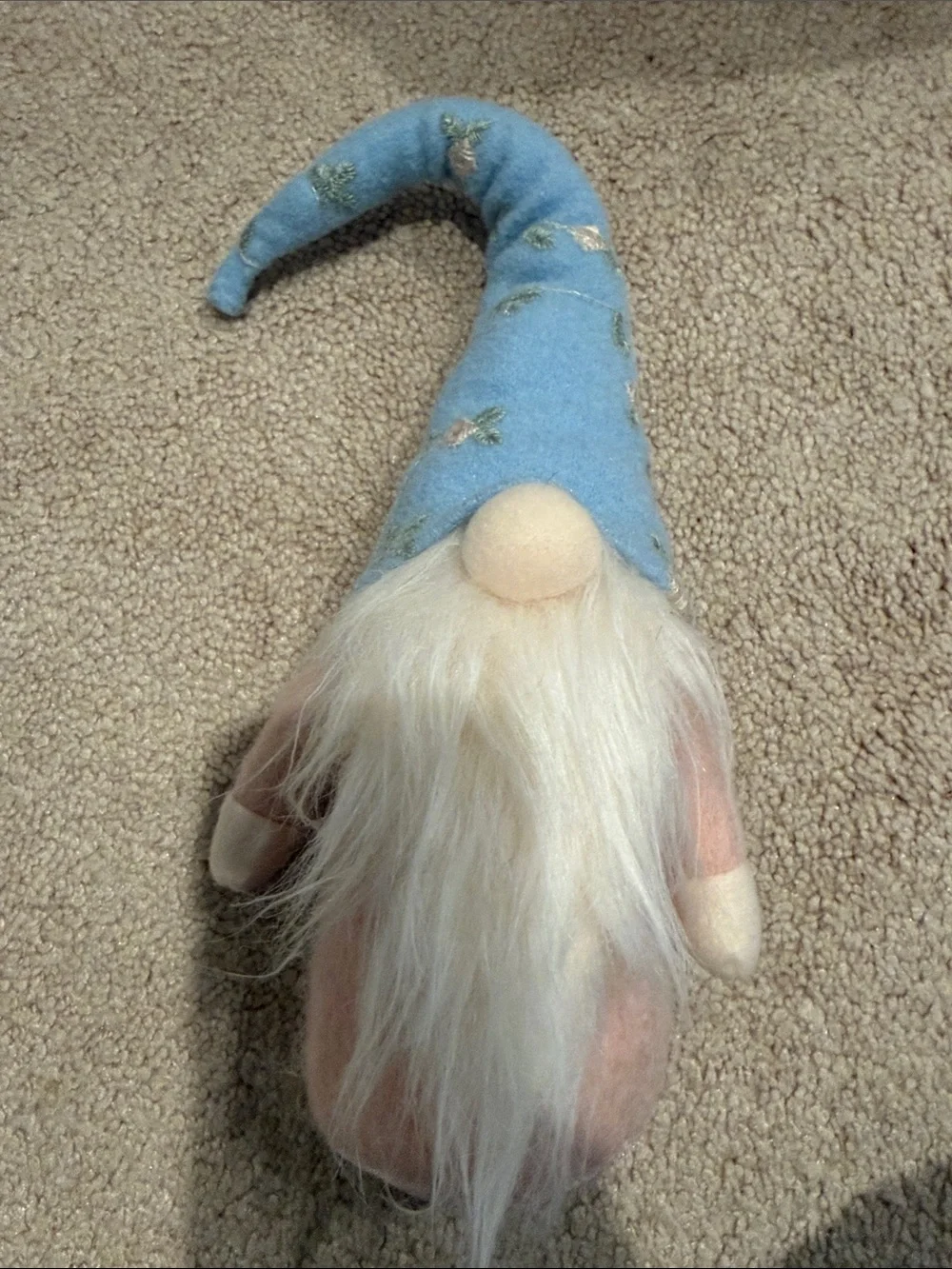 Blue floral embroidered Hat Gnome pink Plush with Long White Beard